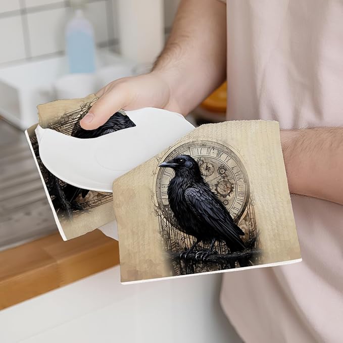 2 Pcs Gothic Raven Kitchen Towels, Vintage Clock Decorative Absorbent Microfiber Dish Cloth Tea Towel, Artistic Waffle Soft Hand Towels for Farmhouse Home Bathroom Kitchen