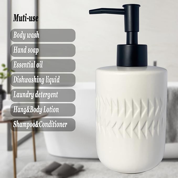 White Soap Dispenser with Matte Black Pump for Bathroom,Cylindrical Lotion Dispenser,12oz Ceramic Relief Hand Dish Soap Dispenser,Refillable Liquid Dispenser for Kitchen (Relief White)