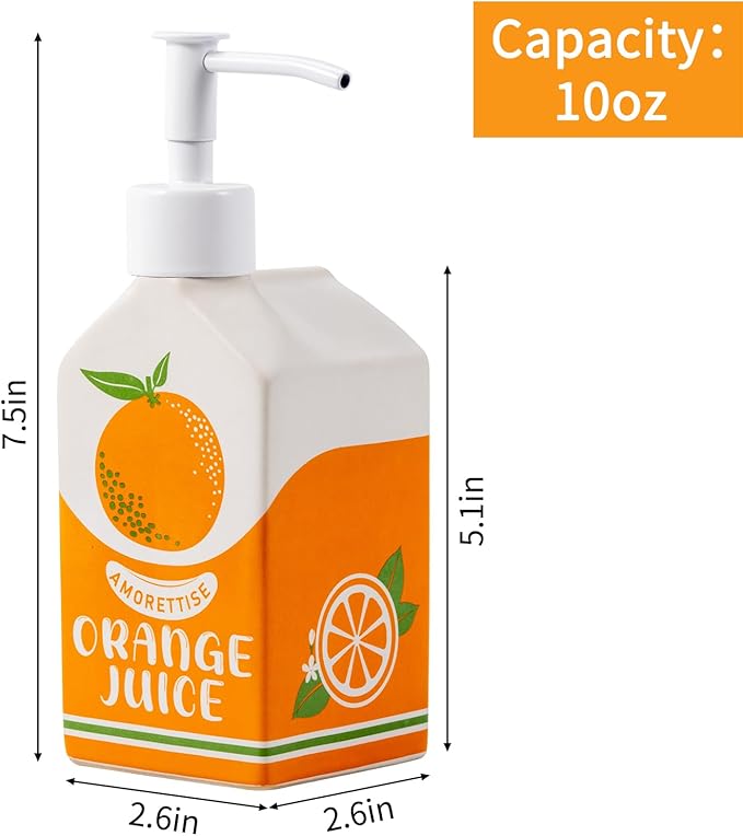 Ceramic Orange Juice Bottle Soap Dispenser, Refillable Lotion Pump Bottle for Bathroom Kitchen Dish Soap