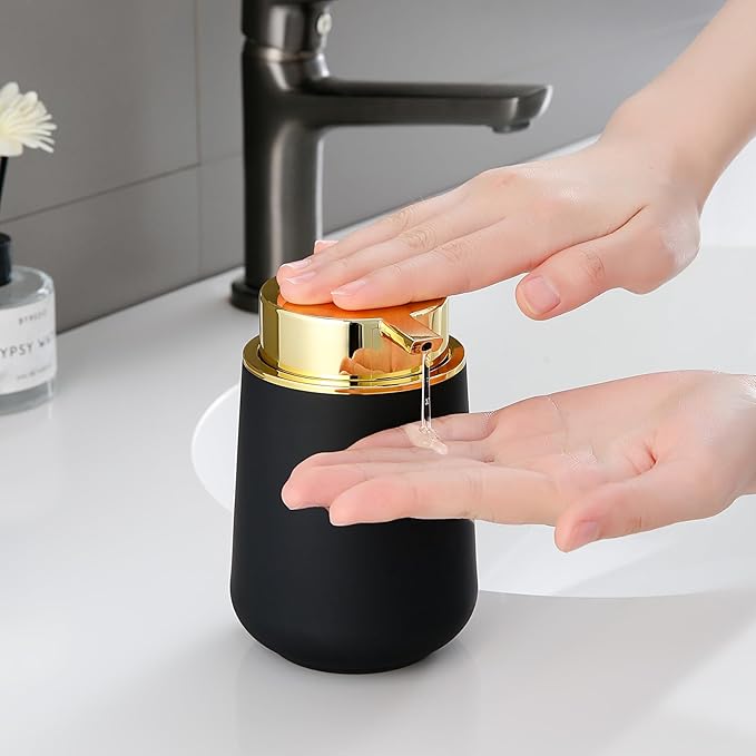 Matte Black and Gold Liquid Hand Soap Dispenser Plastic 11 oz - Modern Luxury Style for Bathroom & Kitchen Countertop Refillable