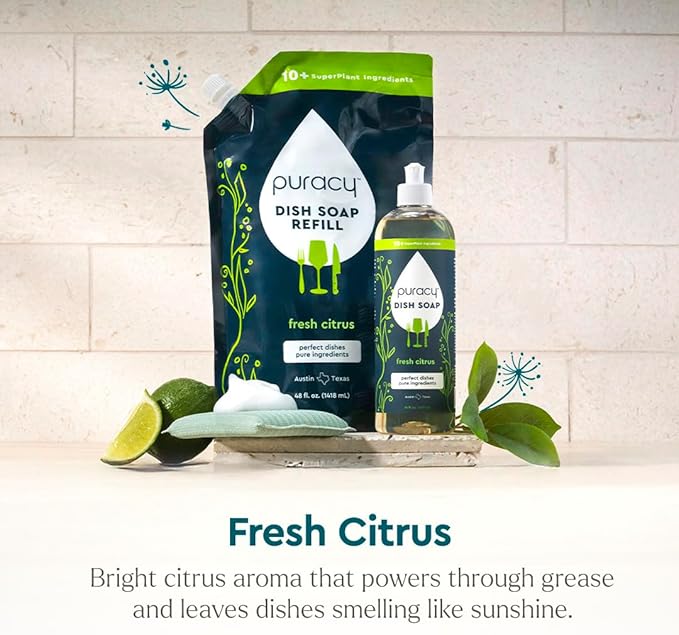 Puracy Natural Dish Soap - Skin-Softening Plant-Based Dishwashing Soap, Non-Toxic Dish Soap, Organic Liquid Dishwashing Detergent Soap (Fresh Citrus, 16 fl oz)