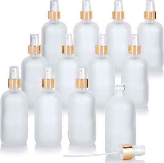 JUVITUS 8 oz / 240 ml Frosted Clear Glass Boston Round Bottle with Gold Fine Mist Spray (12 pack)