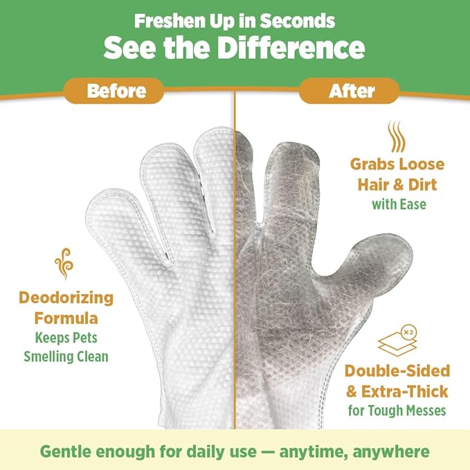 20pc. Premium Pet Glove Cleaning Wipes for Dogs & Cats | Textured, Deodorizing & Hypoallergenic Gloves with Aloe Vera & Shea Butter – Gentle, Skin-Safe Wipes for Fur, Face & Body, Odor Control