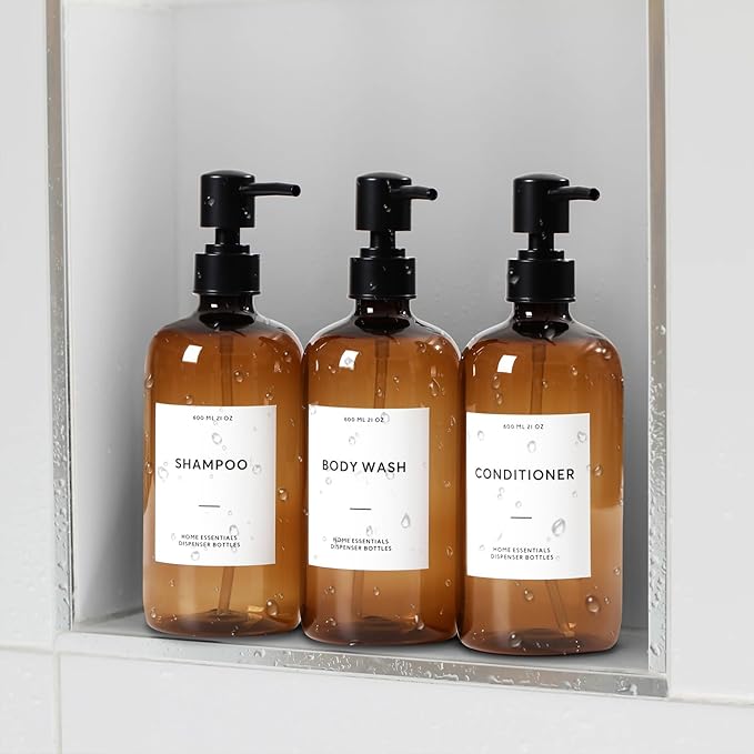 HOMCDALY Shampoo and Conditioner Dispenser, 21oz 3-Pack Refillable Shampoo and Conditioner Bottles, Shower Soap Bottles with Pump and Labels, Bathroom Shower Dispenser（21oz-Brown）