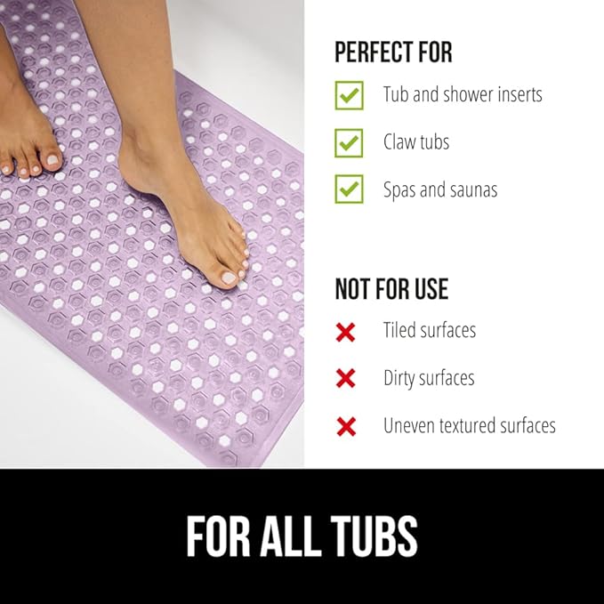 GORILLA GRIP Patented Bath Tub Shower Mat, Machine Washable Bathtub Floor Liner Mats, Suction Cups and Drain Holes to Keep Tubs Clean, Soft on Feet, Bathroom Essentials, 35x16 Inch, Clear Purple