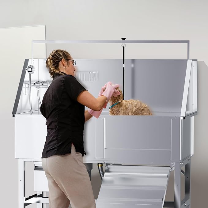 46" Dog Washing Station for Home,Stainless Steel Professional Dog Bathing Station Height Adjustable D og Grooming Tub Ramp, Drawer, Floor Grate & Fauct (R Ramp)