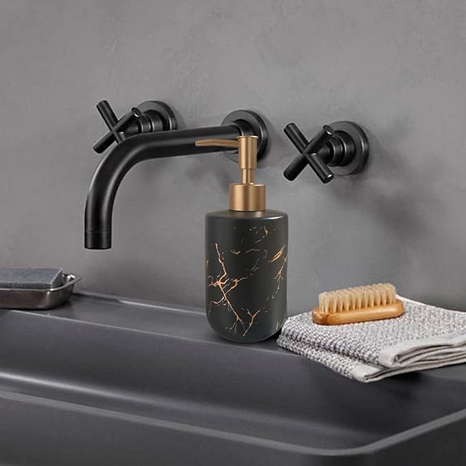 Black Marble Ceramic Soap Dispenser with Golden Pump for Bathroom Kitchen Refillable Dish Dispenser Liquid Hand Dispenser Empty Bottle (Black)