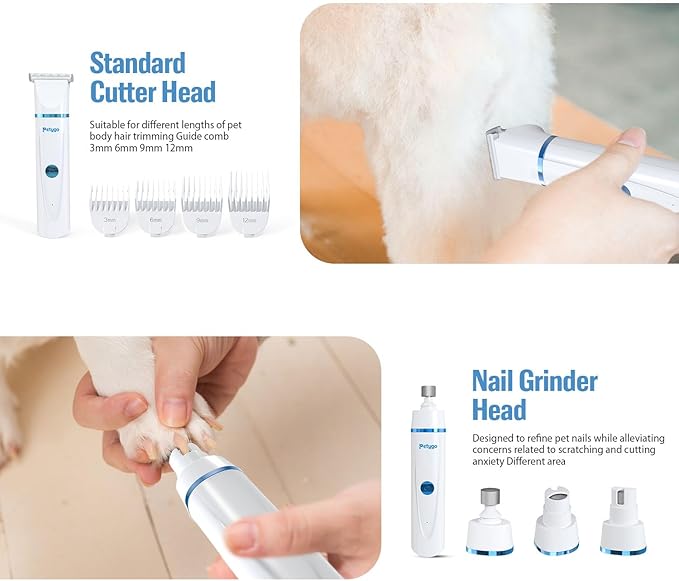 2-in-1 Dog & Cat Grooming Kit - Rechargeable Cordless Pet Hair Clippers with Nail Grinder & Paw Trimmer & 4 Guide Combs, Low Noise Dog Clippers for Grooming Small Medium Pets