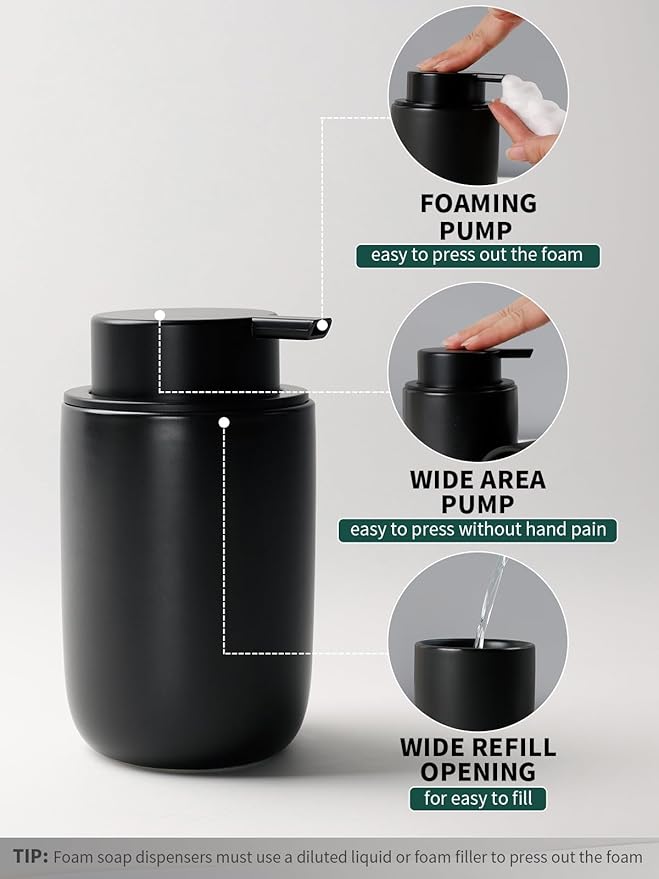 Bosilunlife Soap Dispenser and Toothbrush Holder Set - 11Oz Foam Soap Dispenser Pump Ceramic Bathroom Counter Soap Toothbrush Holder Set Black Bathroom Accessories Set