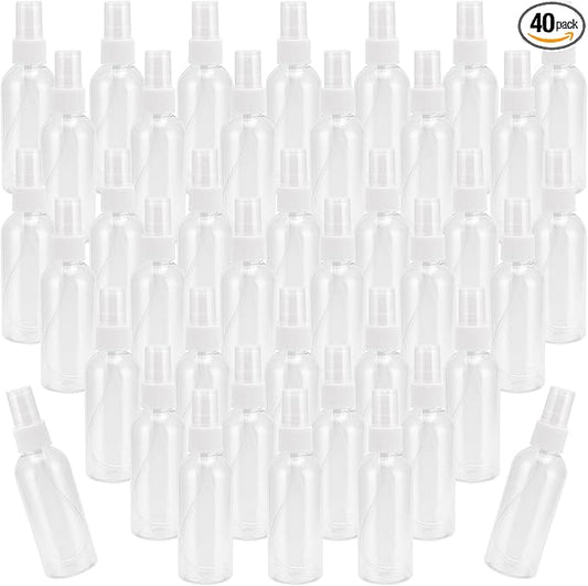 SEUNMUK 40 Pack 2.7oz/80ml Spray Bottles with Pump Spray Cap, Clear Fine Mist Empty Plastic Spray Bottles, Travel Size Refillable Bottles for Toner, Essence, Hair Spray
