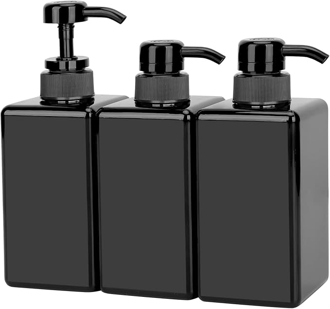 Suream Plastic Shampoo Bottles with Pump 15oz/450ml, Black Bathroom Shampoo and Conditioner Dispenser, Refillable Reusable Empty Pump Press Bottle for Shower, Massage Oil, Lotion, Liquid Soap, 3Pack