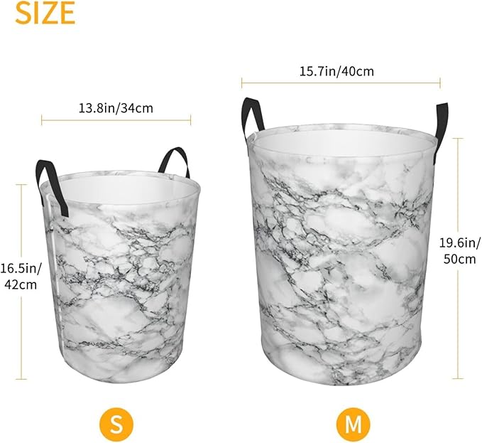 Black And White Marble Laundry Hamper Bag With Waterproof Liner - Round Laundry Basket Foldable Clothes Storage Organizer For Bathroom Bedroom Nursery Dorm, M-19.6"X 15.7"