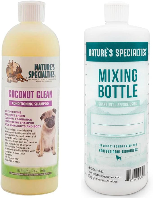 Nature's Specialties Mixing Bottle and Dog Shampoo Concentrate Bundle, Easy to Read Measurements Mixing Bottle 32 oz, Coconut Clean Dog Shampoo Conditioner Concentrate 16 oz