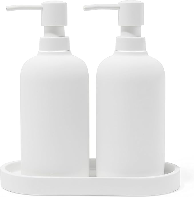 Matte White Soap Dispenser Set with Tray, 2 Pack 15oz Round Rustproof Liquid Hand Dish Soap Dispensers with Tray for Kitchen Sink, Countertop, and Bathroom
