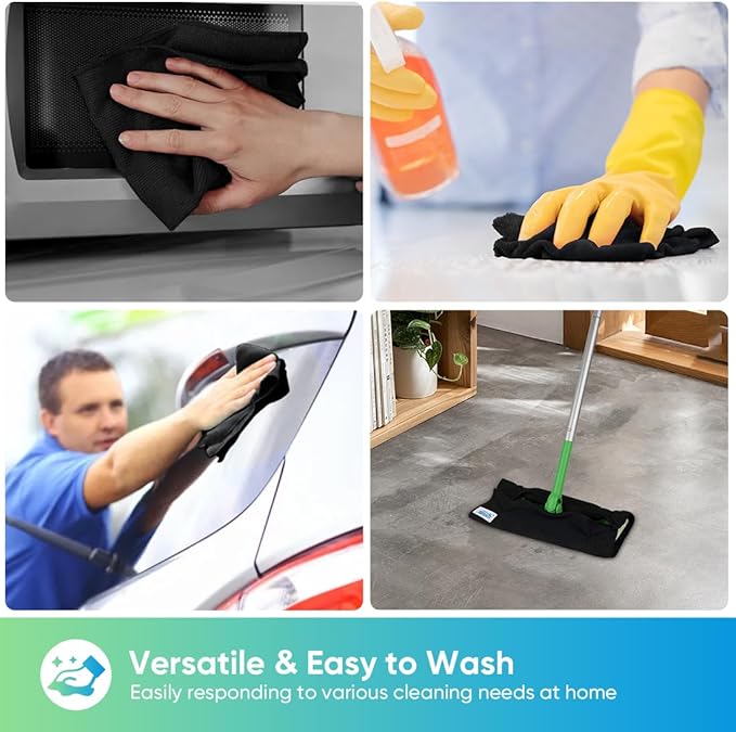 HOMEXCEL Black Microfiber Cleaning Cloth, 24 Pack Cleaning Towels for Kitchen, Lint Free, Scratch-Free, Highly Absorbent, and Reusable Cleaning Rags for House, Window and Glass, Cars, 11.5 X11.5 inch