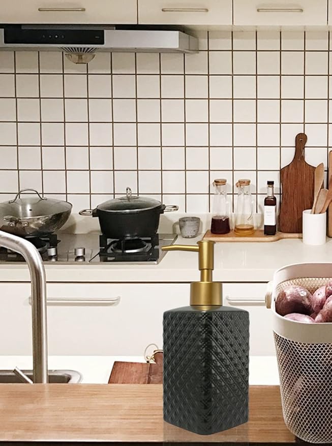 Gold Soap Dispenser for Bathroom,Black Square Lotion Dispenser, Refillable Countertop Ceramic Hand Soap Dispenser,Dish Soap Dispenser for Kitchen 350ml(Black Square Bottle)