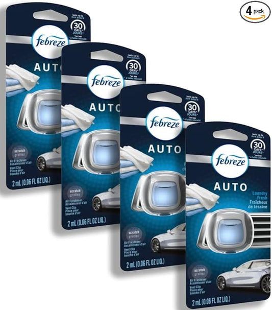 Febreze Car Vent Clip Air Freshener, Odor Eliminator for Strong Odors, Up to 30 Days Freshness, Laundry Fresh, 4 Packs