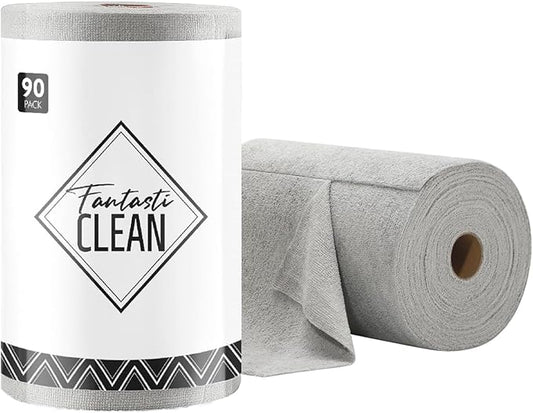 Fantasticlean Microfiber Cleaning Cloth Roll -90 Pack, Tear Away Microfiber Towels, 12" x 12", Reusable, Washable, Scratch Free, Ultra Absorbent Dishcloth for Car, Home Supplies, Pet, Kitchen (Grey)