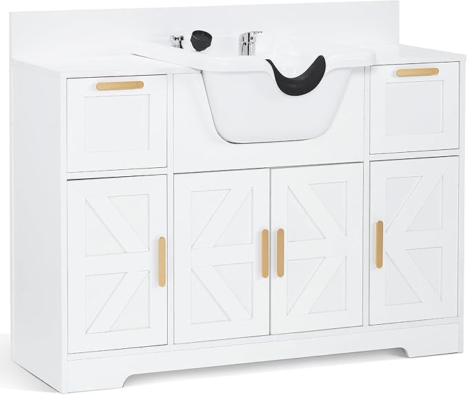 BarberPub Portable Shampoo Station, Shampoo Bowl with Cabinet & Drawer, Salon Geometric Finish Station with Sprayer Faucet, Barber Storage Equipment with Hair Wash Backwash Sink 3439 (All White)