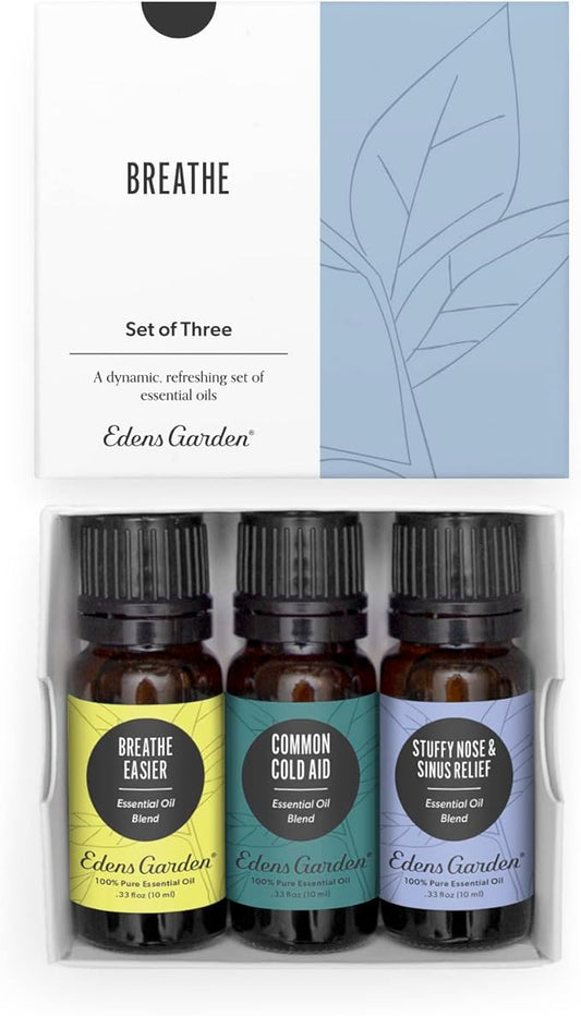 Edens Garden Essential Oils Breathe 3 Set – 100% Pure Therapeutic Grade, Natural Aromatherapy Oil for Stuffy Nose, Sinus & Cold Relief Kit – Undiluted for Diffusers & Humidifiers, 10 ml/ 3 Pack