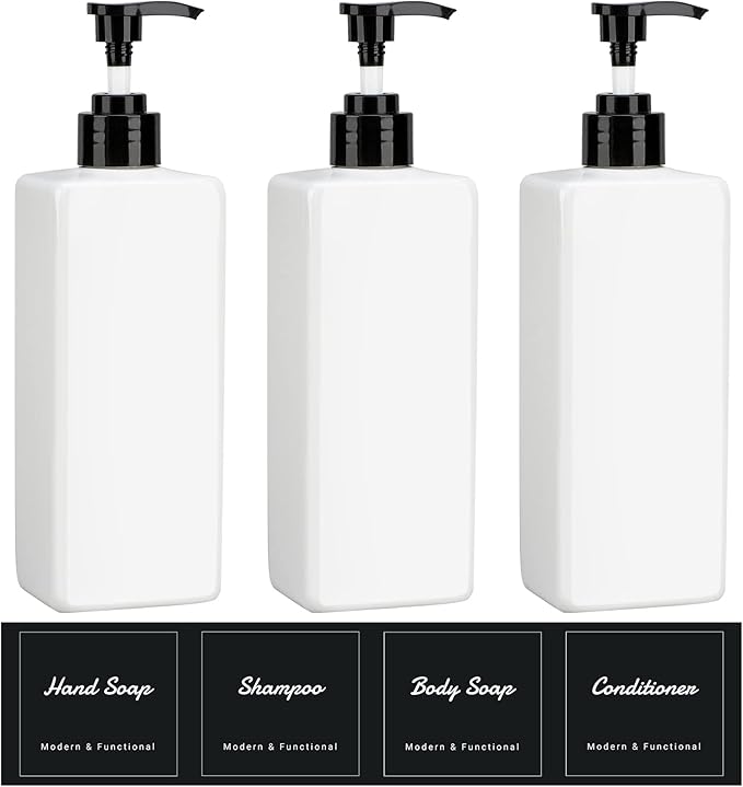 Suream 3Pack Empty Plastic Bottles with Pump, 16.9oz Refillable Shampoo Bottles for Shower, Lotion Press Dispenser, White Countertop Container for Shampoo, Conditioner, Body Soap, Hand Sanitizer, Oil