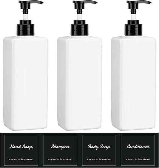Suream 3Pack Empty Plastic Bottles with Pump, 16.9oz Refillable Shampoo Bottles for Shower, Lotion Press Dispenser, White Countertop Container for Shampoo, Conditioner, Body Soap, Hand Sanitizer, Oil
