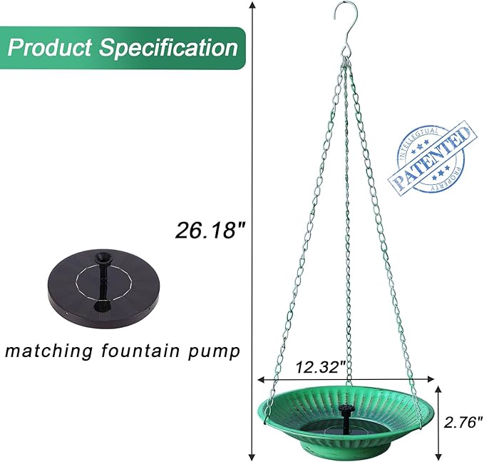 12.3" Hanging Bird Bath with Solar Fountain Bird Bath Bubbler，Birdbath Fountain for Garden Patio Decor,Green
