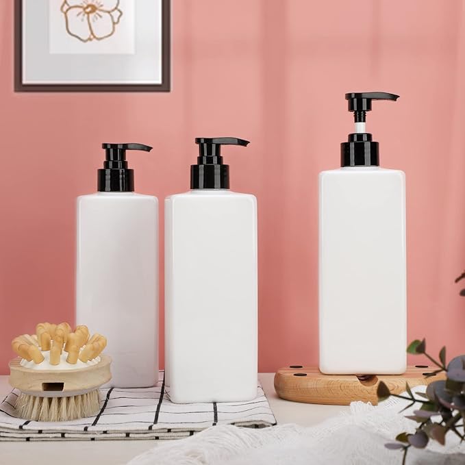 Suream 3Pack Empty Plastic Bottles with Pump, 16.9oz Refillable Shampoo Bottles for Shower, Lotion Press Dispenser, White Countertop Container for Shampoo, Conditioner, Body Soap, Hand Sanitizer, Oil