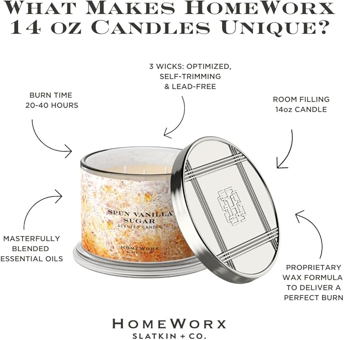 HomeWorx by SLATKIN + CO. Candle- Spun Vanilla Sugar, 14 oz. 3-Wick Premium Scented Candle - 20-40 Hours Burn Time