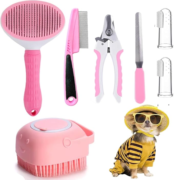 7 Pcs Cat Dog Brush Grooming Kits, Self-Cleaning Slicker Brush, Pet Nail Clipper and File, Flea Comb, Pet Shampoo Bath Brush, Pet Finger Toothbrush, Storage Bag (Pink)