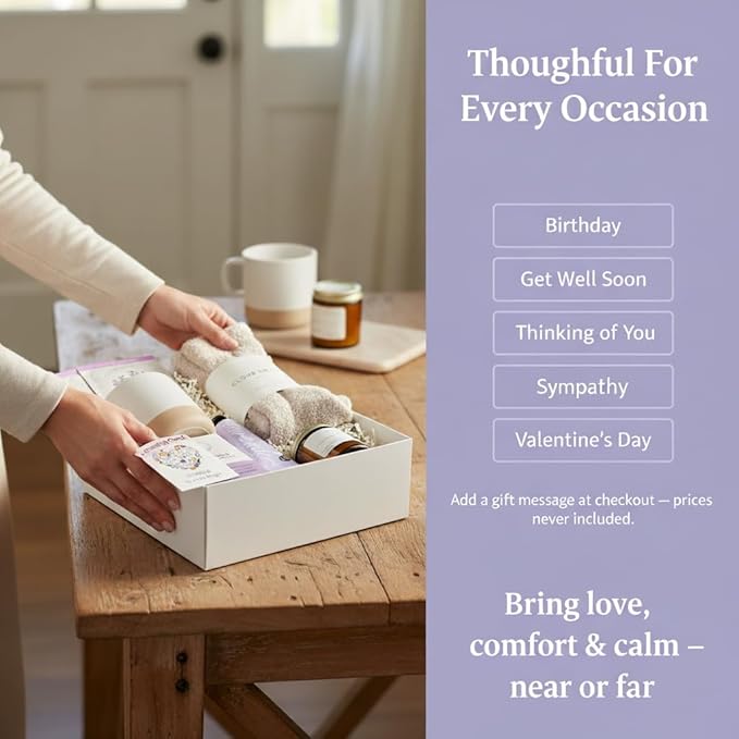 Unboxme Lavender Spa Gift Basket for Women, Self Care Package with Candle, Bath Bomb, Tea & Mug - Relaxation Gifts for Birthday, Get Well