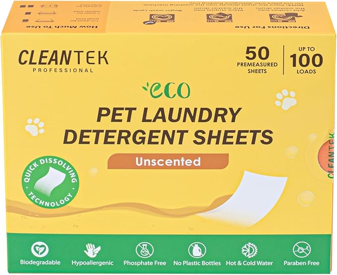 Restaurantware-Clean Tek Professional Detergent Laundry Sheets 50 Pet Cloth Laundry Soap Sheets-Up to 100 Loads, Hypoallergenic, Garment Cleaning Detergent Strips, Suits All Fabrics and Temperatures