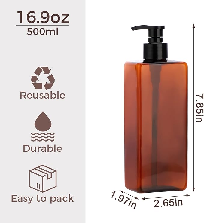 Suream Amber Shampoo and Conditioner Dispenser with Black Plastic Pump, 16.9oz Refillable Shower Bottle for Bathroom, Empty Container for Body Wash, Hand Soap, Lotion, Massage Oil