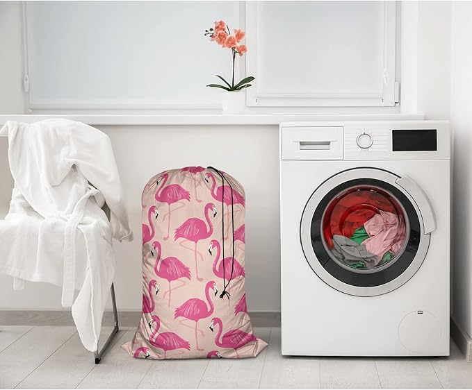 Swono Pink Flamingos Extra Large Laundry Bag with Drawstring Heavy Duty Travel Dirty Clothes Bag for Laundromat Household, Tropical Bird Feather Beak Rip-Stop Laundry Hamper Bag, 28x40 Inch, Wildlife