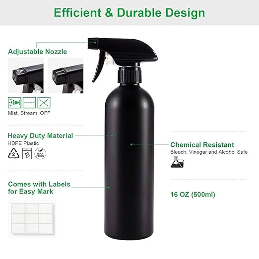 Cindy's Tape Plastic Spray Bottles Black for Cleaning Solutions 16 oz (Pack of 4), Heavy Duty Opaque Refillable Reusable Empty anti-degradation Leak-proof Sprayers for Home Garden Plant Kitchen
