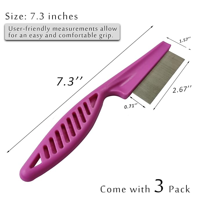 Kopal Flea Combs & Lice Combs for Dogs and Cats, Fine Tooth Combs 3-pc, Pink