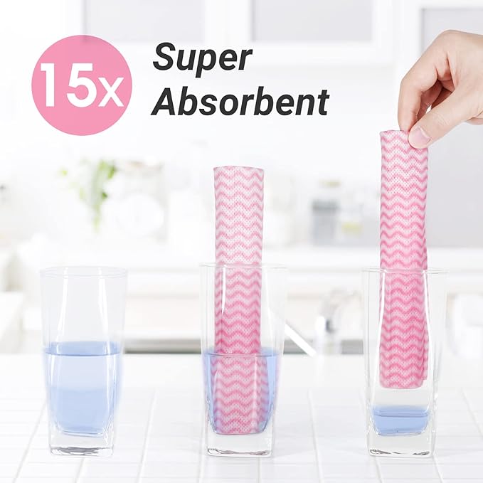 Reusable Cleaning Cloths Dish Paper Towels, Domestic Cleaning Towels, Multipurpose Quick-Dry Rag Dish Cloths Heavy Duty Handy Wipes for Kitchen 25 Count 14.2"X15.7", Pink