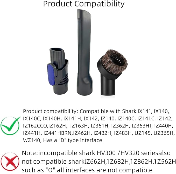 IX141 Pet Cordless Stick Vacuum Replacement Parts Compatible With Shark Pet Cordless Stick IX141 IZ462H IZ483H IZ363HT IZ361H IZ163H IZ362H Crevice Tool Horse Hair Brush Attachment for D-Shaped Vacuum