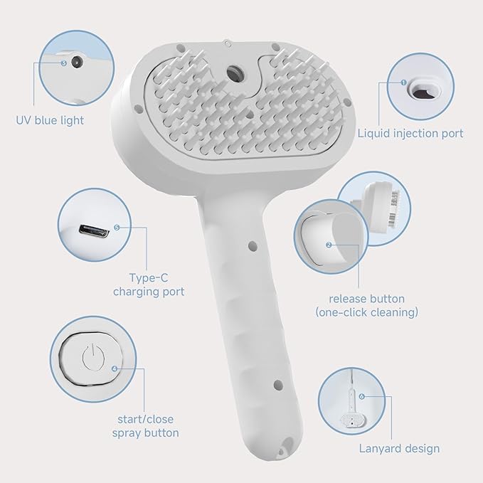 REIKIYA Cat Steam Brush,4-in-1 Spray Hair Removal Dog Brush for Shedding & Grooming with UV Light, Anti-Static Pet Spray Comb with One-Click Release Button