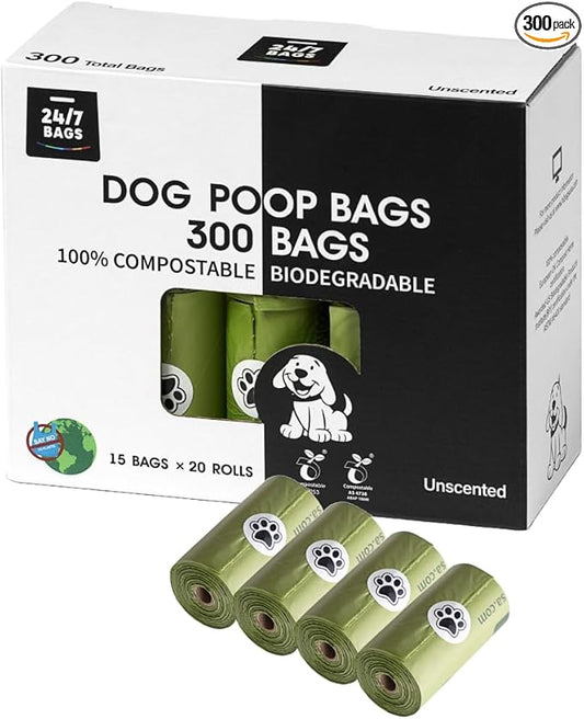 100% Certified Compostable Dog Waste Bags, 300 Count, ASTM D6400 Standard, OK Compost, 9 IN x 13IN, Unscented (20 Rolls, 15 Bags)