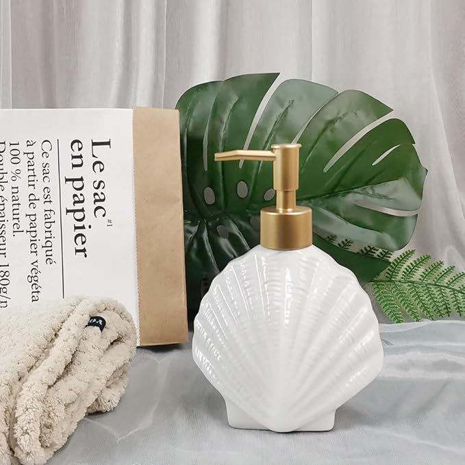Shell-Shaped Soap Dispenser White Ceramic Lotion Bottle with Golden Matte Pump Home Décor for Bathroom Kitchen