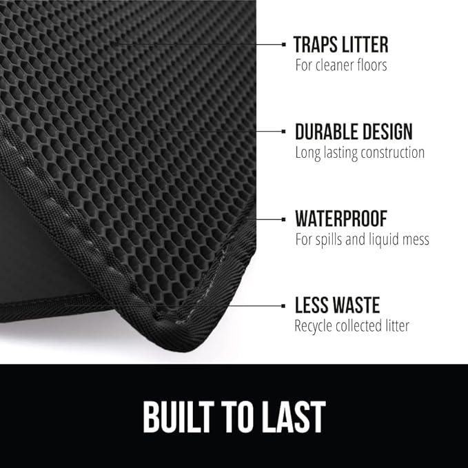 GORILLA GRIP Honeycomb Cat Litter Box Mat, Two Layer Trapping Waste Mats, Soft On Paws, Litter Box Supplies and Essentials for Indoor Cats, Traps Excess, Water Resistant for Floors, 30x24 Black