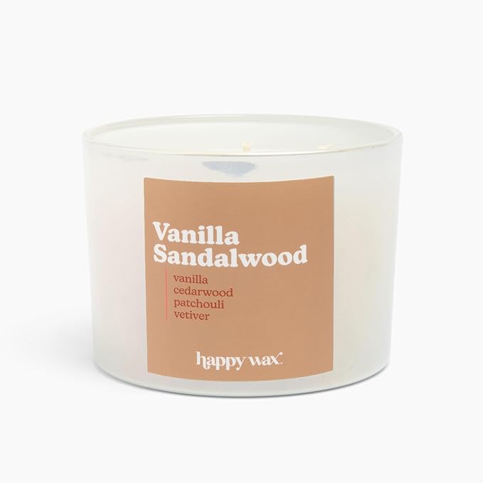 Happy Wax Vanilla Sandalwood All Natural Soy Wax 3 Wick Premium Scented Candle, Infused with Essential Oils, Long Lasting 40+ Hours of Burn Time, Vanilla and Earthy Notes