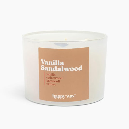 Happy Wax Vanilla Sandalwood All Natural Soy Wax 3 Wick Premium Scented Candle, Infused with Essential Oils, Long Lasting 40+ Hours of Burn Time, Vanilla and Earthy Notes