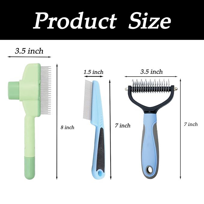 3 Pcs Flea Comb For Cats Dogs Self Cleaning Pet Hair Removal Tool Flea Lice Comb Grooming Brush For Shedding Indoor Kittens With Release Button Long And Short Stainless Steel Metal Teeth.