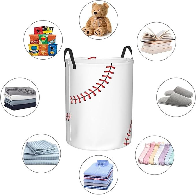 Baseball Texture Laundry Hamper Bag With Waterproof Liner - Round Laundry Basket Foldable Clothes Storage Organizer For Bathroom Bedroom Nursery Dorm, S-16.5"X 13.8"