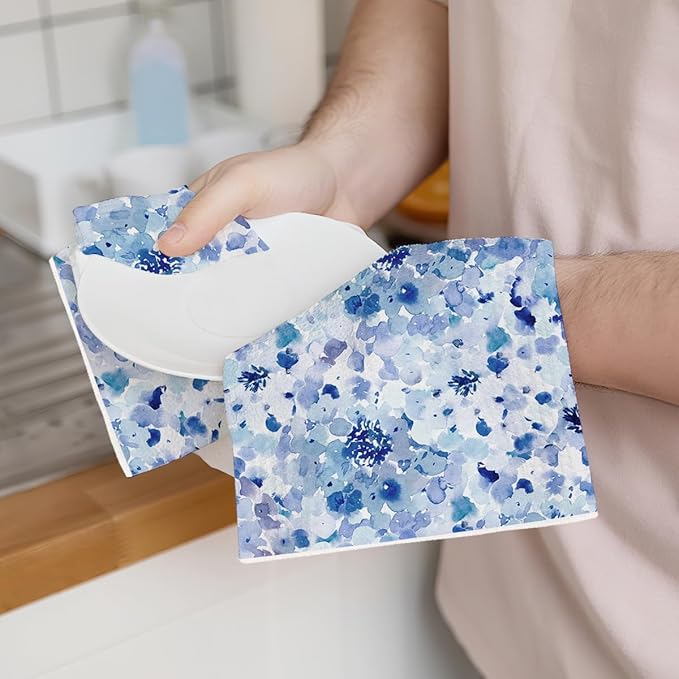 4 Pcs Watercolor Blue Hydrangea Kitchen Towels, Spring Summer Decorative Absorbent Microfiber Dish Cloth Tea Towel, Waffle Soft Hand Towels for Farmhouse Home Kitchen