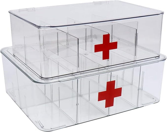 2 Pack First Aid Box, Acrylic Medicine Kit Case Organizer Empty, Divided Medicine Box First Aid Storage Box Kit with Hinge Lid, Emergency Supplies Storage Box for Home Office (Clear)