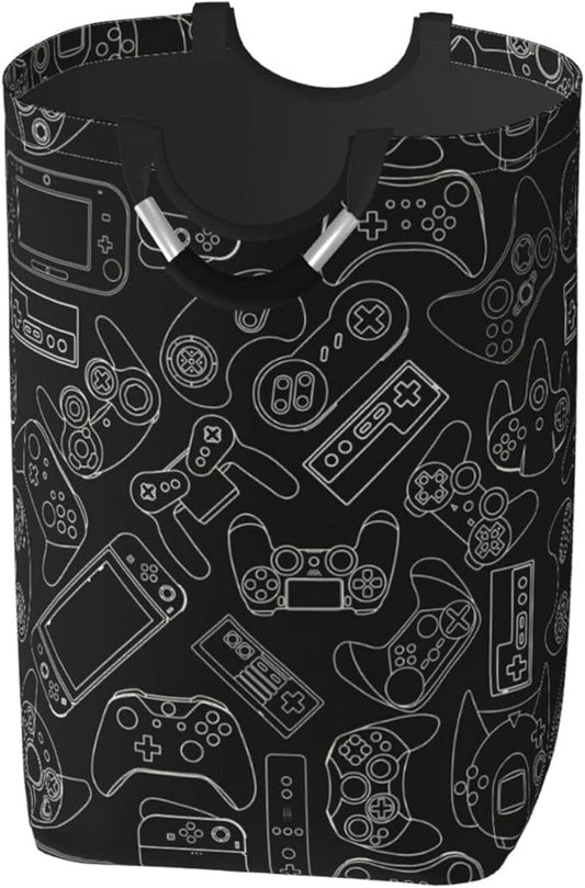 Video Game Controller Background Large Laundry Hamper Bag With Waterproof Liner - Gaming Gadgets Laundry Basket Foldable Clothes Storage Organizer For Bathroom Bedroom Nursery Dorm