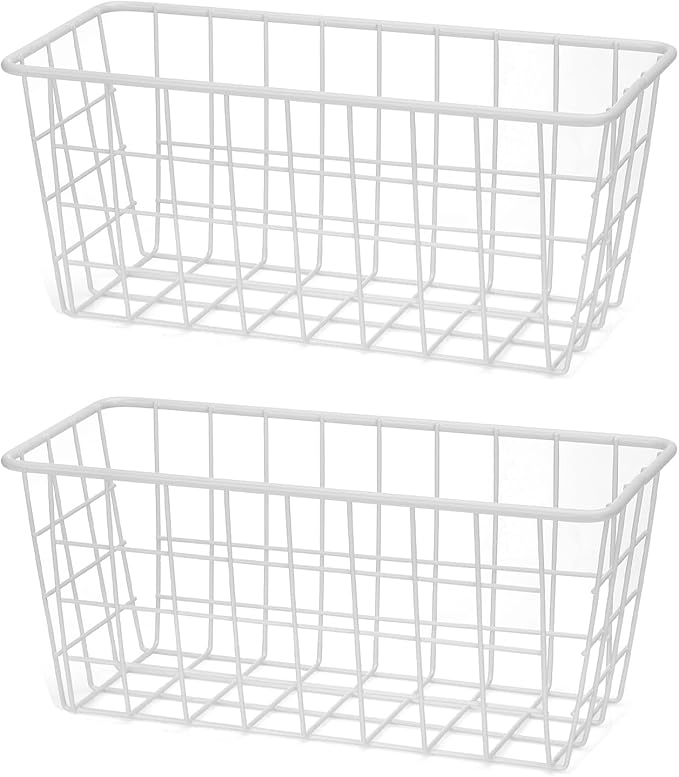 2 Set LeleCAT Hanging Wall Basket Organizer Over the Cabinet Door Adhesive Wire Baskets for Organizing Kitchen Food Pantry Bathroom Shelf Storage No Drilling Wall Mounted,White